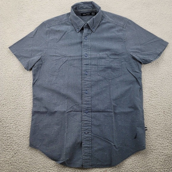 Nautica Shirt Mens Small Blue Striped Button Down Short‎ Sleeve Classiccore - Picture 1 of 14